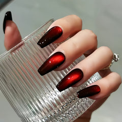 Dark Red Magnetic Cat Eye Coffin Press-On Nails