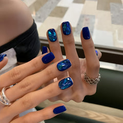 Deep Ocean Blue Crystal Press-On Nails
