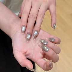 Pre-Order | Green Cat Eye Transparent Tips Almond Press-On Nails