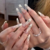 Pink Cat Eye Crystal French Long Press-On Nails