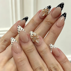 Black & White Polka Dot French Tip 3D Flower Press-On Nails