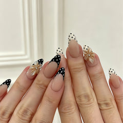 Black & White Polka Dot French Tip 3D Flower Press-On Nails