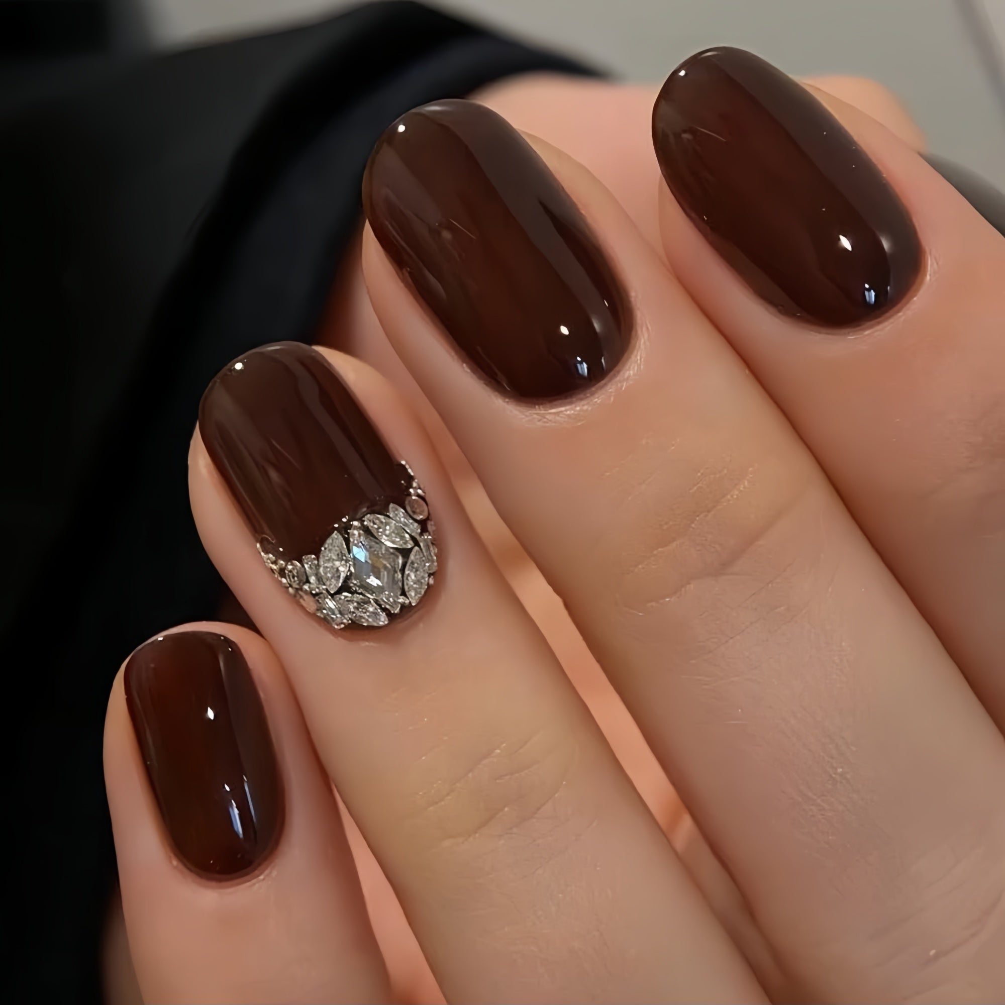 Pre-Order | Deep Brown Crystal Accent Press-On Nails