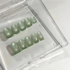 Cucumber Green Cat Eye French Tip Press-On Nails