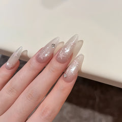 Sheer Pink Silver Glitter Star Almond Press-On Nails