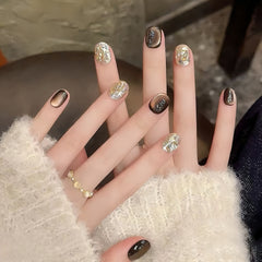 Dark Brown Cat Eye Gold Glitter Press-On Nails