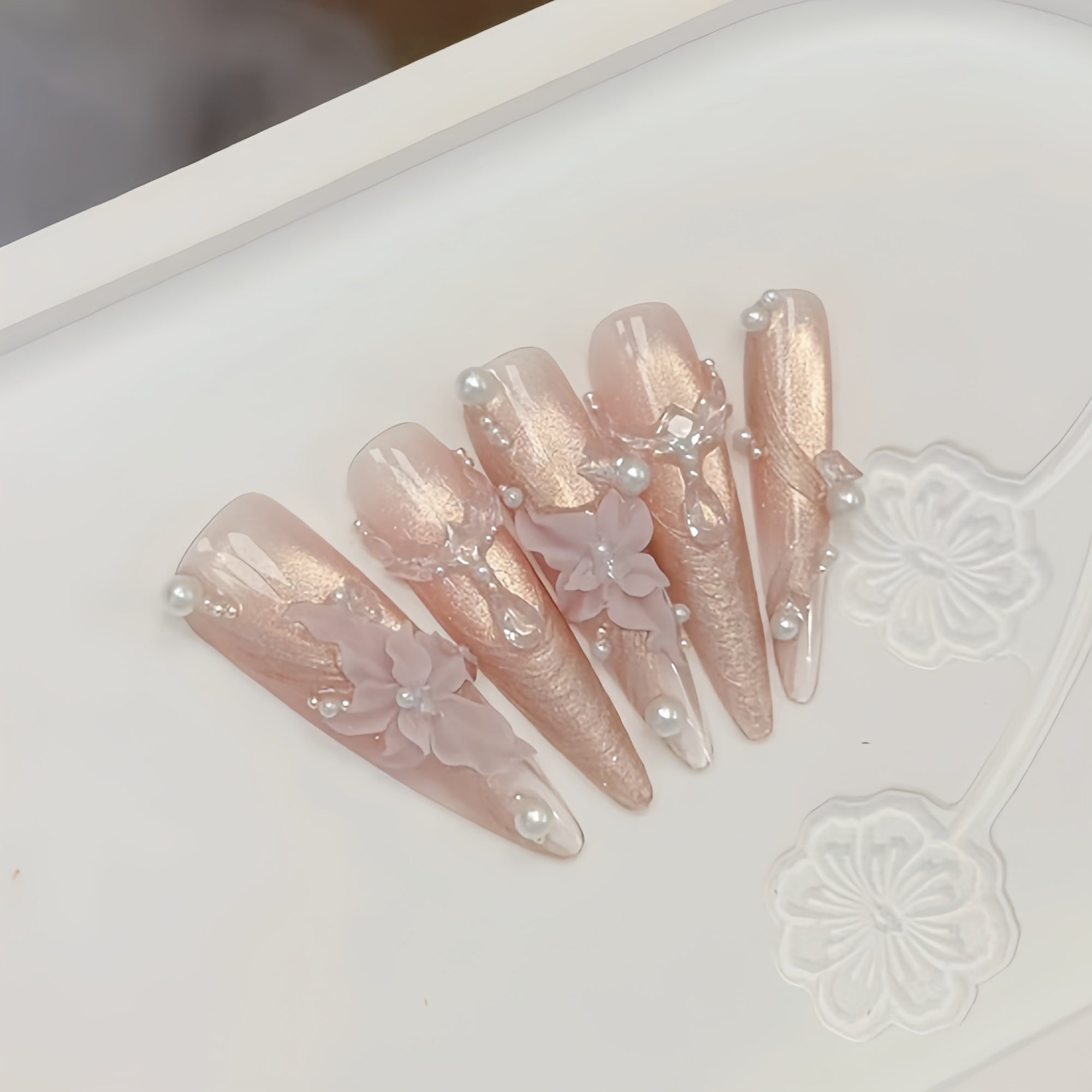 3D Sakura Pearl Gradient Glitter Press-On Nails