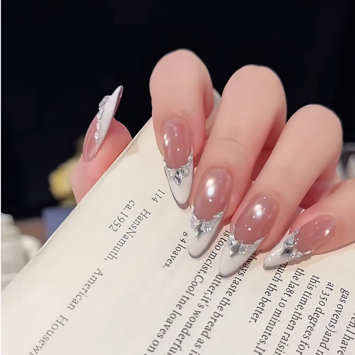 Red Base Nude Pink Crystal French Press-On Nails