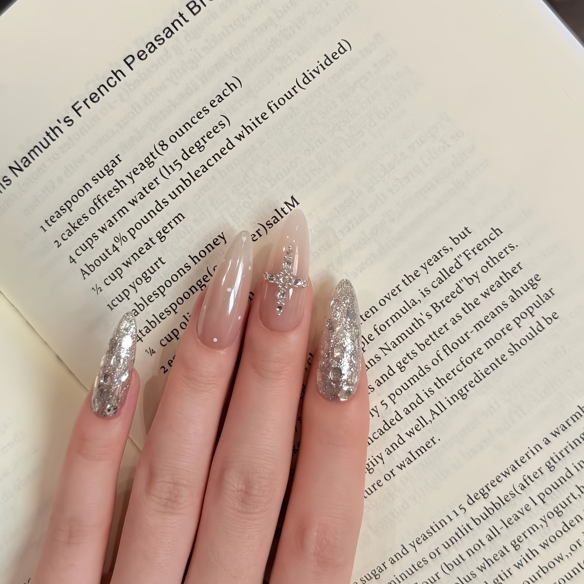 Pre-Order | Nude Silver Crystal Cross Press-On Nails