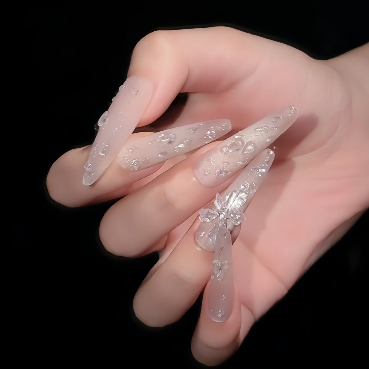 Icy Nude Glitter Bow Press-On Nails