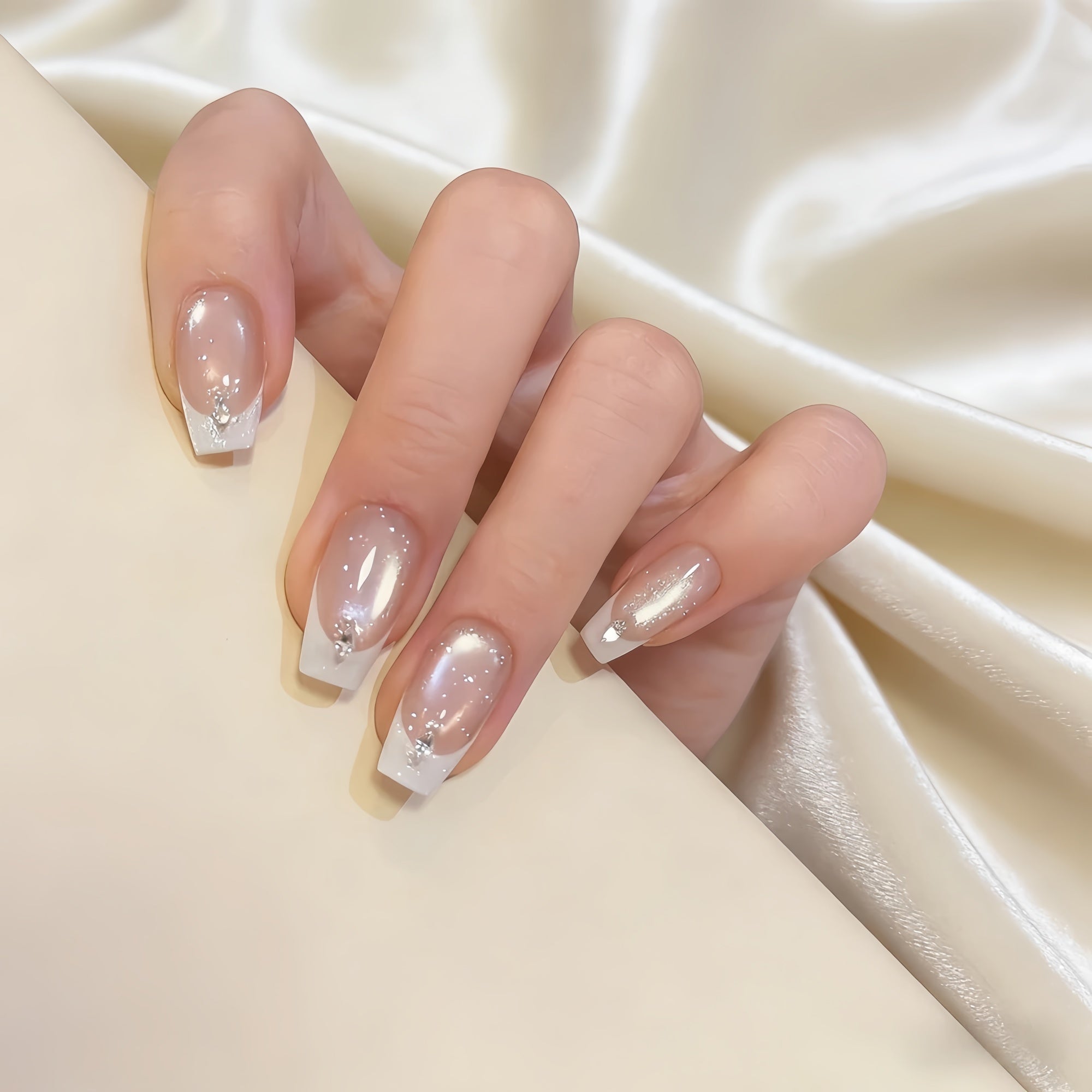 Pre-Order | Icy Nude Pink Cat Eye French Tip with Glitter Press-On Nails