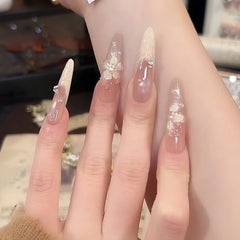3D Flower French Long Almond Press-On Nails