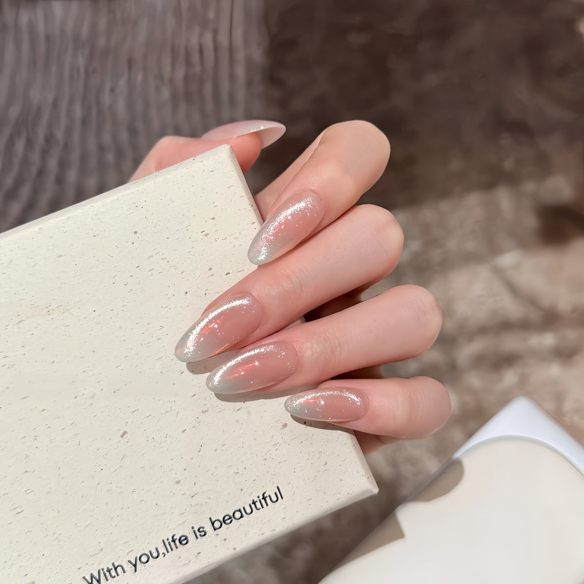Milky Aurora Cat Eye Almond Press-On Nails