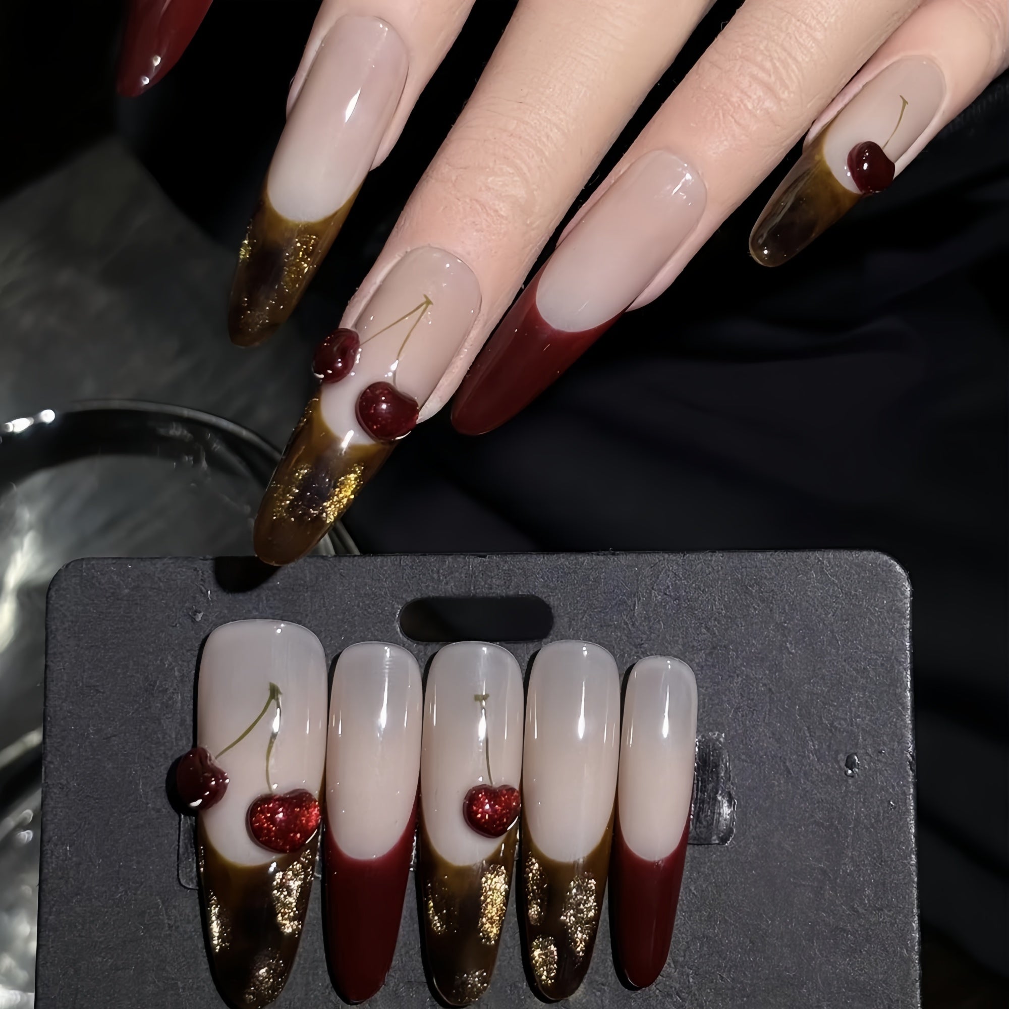 Deep Wine & Brown 3D Cherry French Press-On Nails