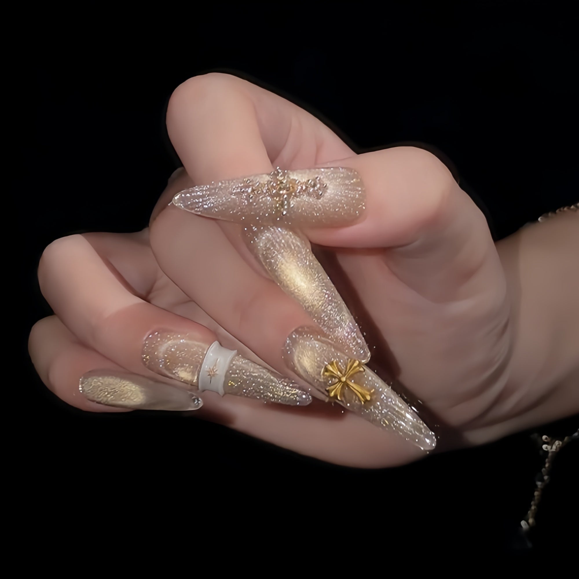 Champagne Gold Cat Eye Glitter Cross Press-On Nails