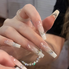 Pink Cat Eye Crystal French Long Press-On Nails