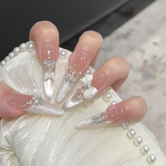 White Lover Bow & Pearl Cat Eye Press-On Nails