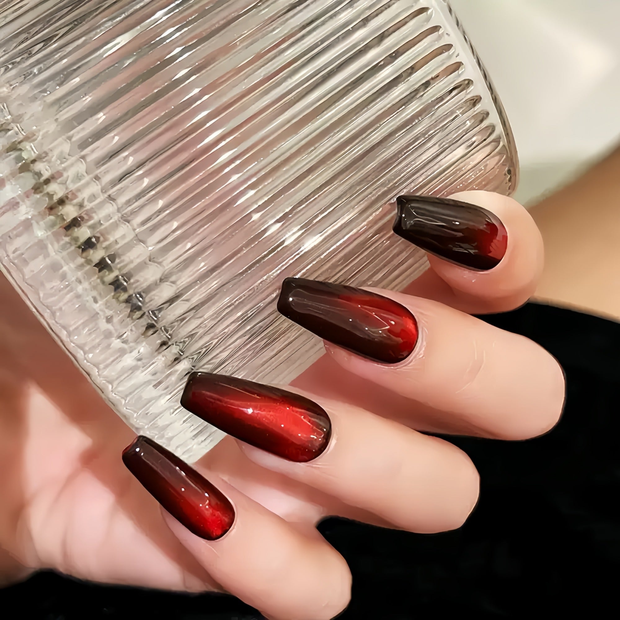 Dark Red Magnetic Cat Eye Coffin Press-On Nails