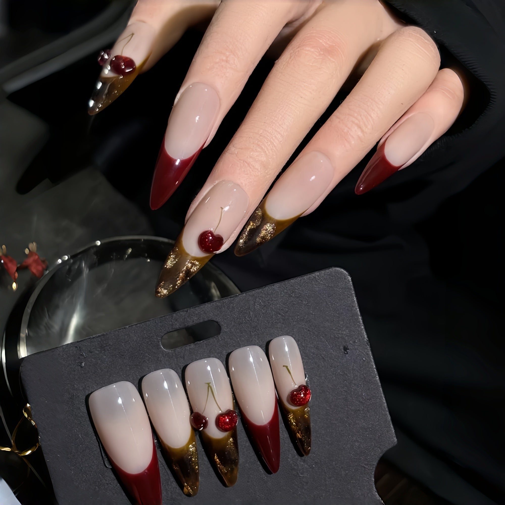 Deep Wine & Brown 3D Cherry French Press-On Nails
