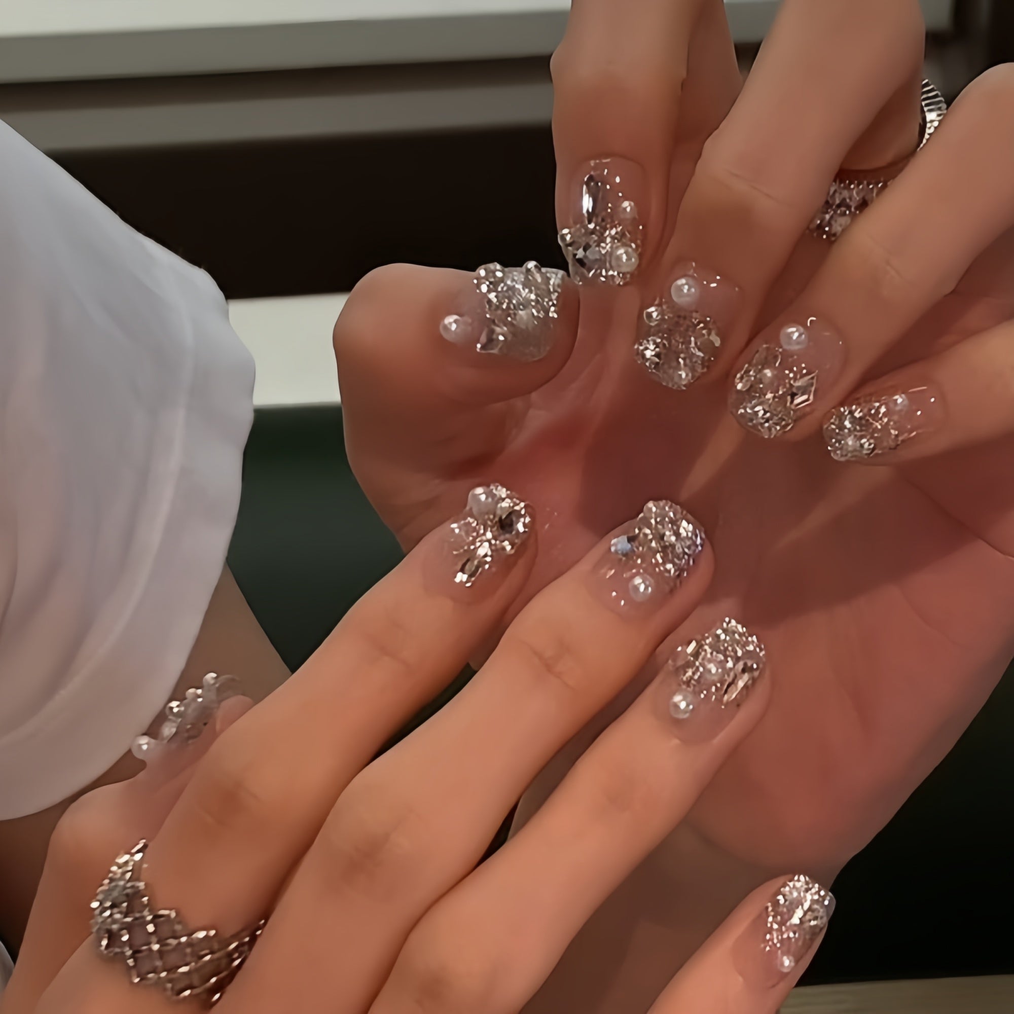 Sparkling Rhinestone & Pearl Handmade Press-On Nails