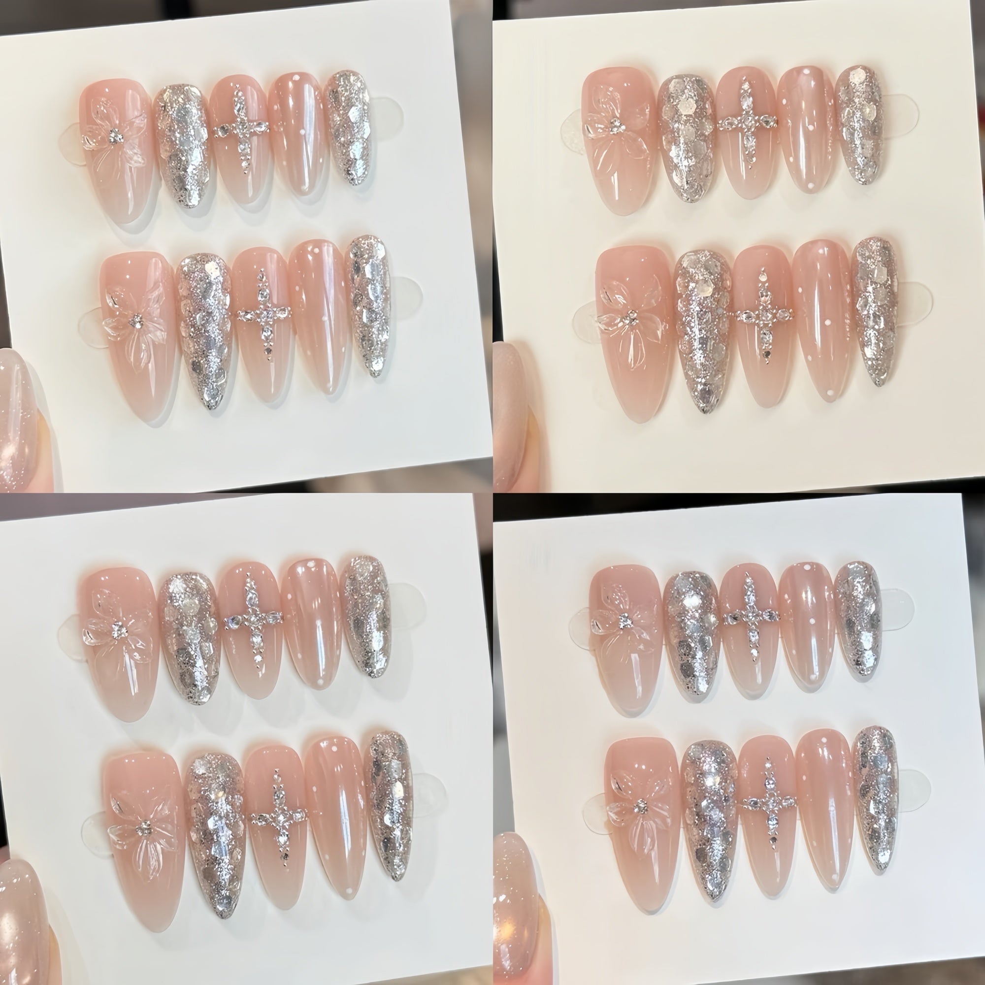 Pre-Order | Nude Silver Crystal Cross Press-On Nails