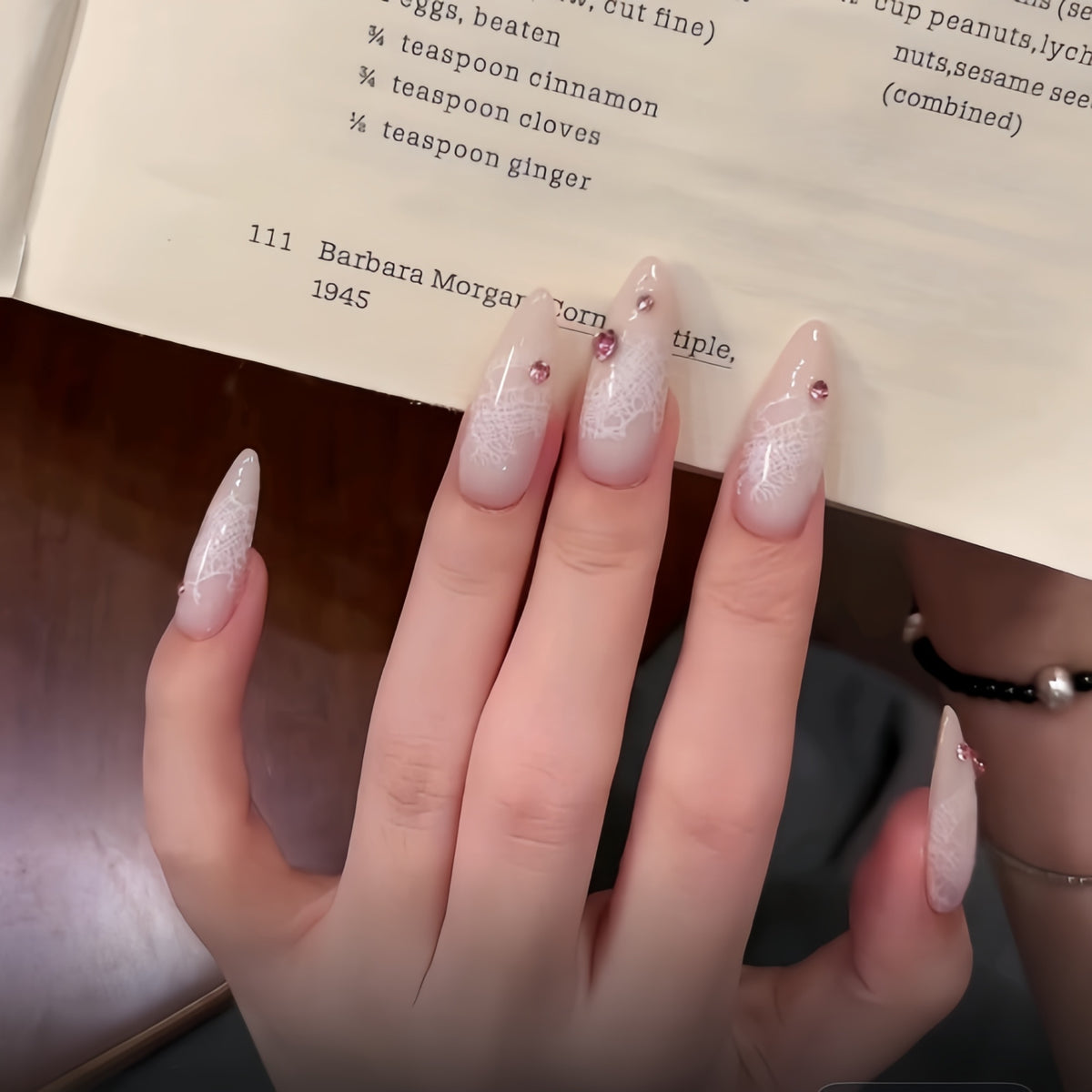 Nude Lace Almond & Coffin Press-On Nails