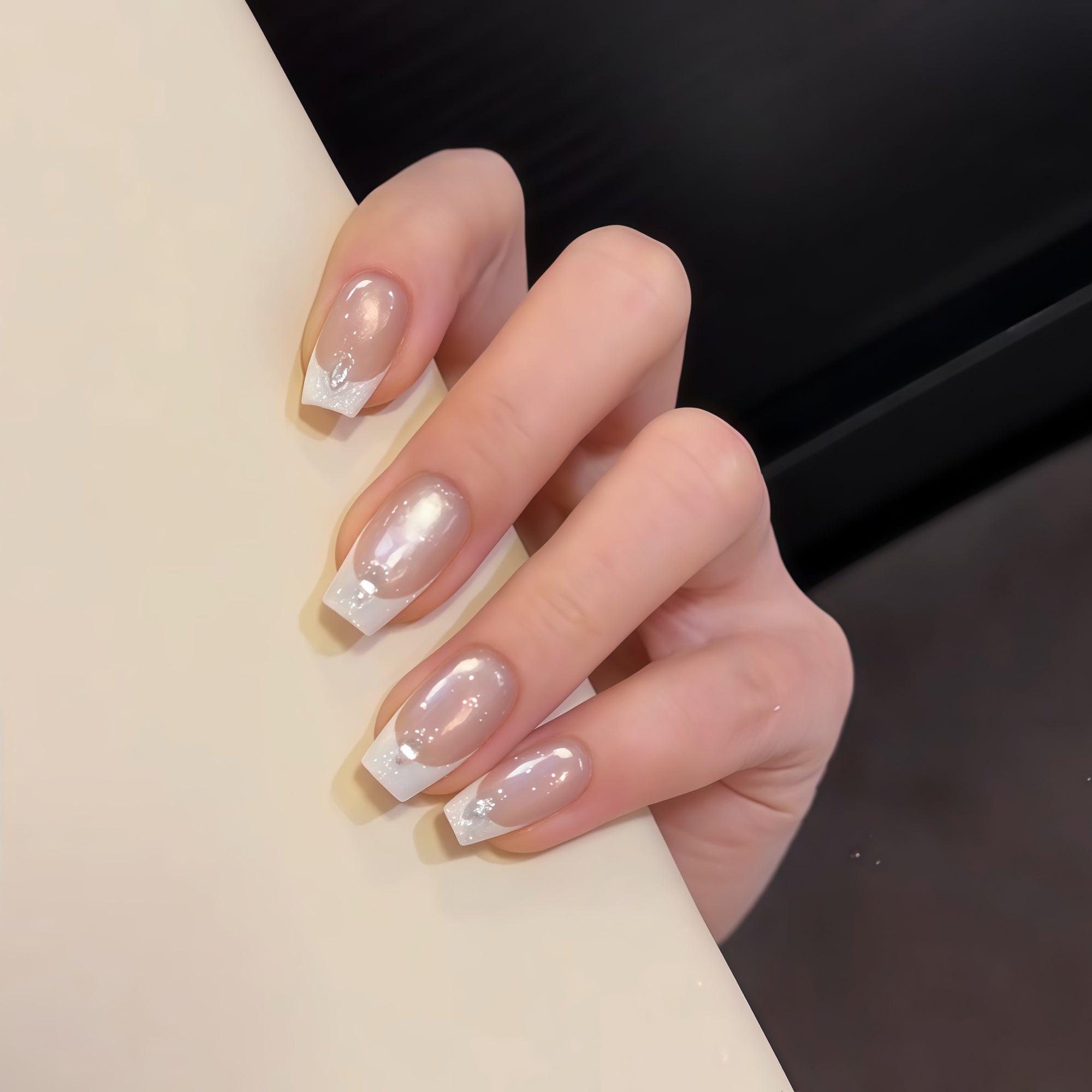 Pre-Order | Icy Nude Pink Cat Eye French Tip with Glitter Press-On Nails