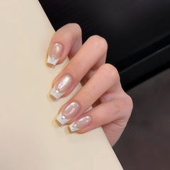 Pre-Order | Icy Nude Pink Cat Eye French Tip with Glitter Press-On Nails