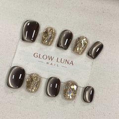 Dark Brown Cat Eye Gold Glitter Press-On Nails