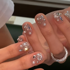 Sparkling Rhinestone & Pearl Handmade Press-On Nails