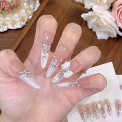 White Lover Bow & Pearl Cat Eye Press-On Nails