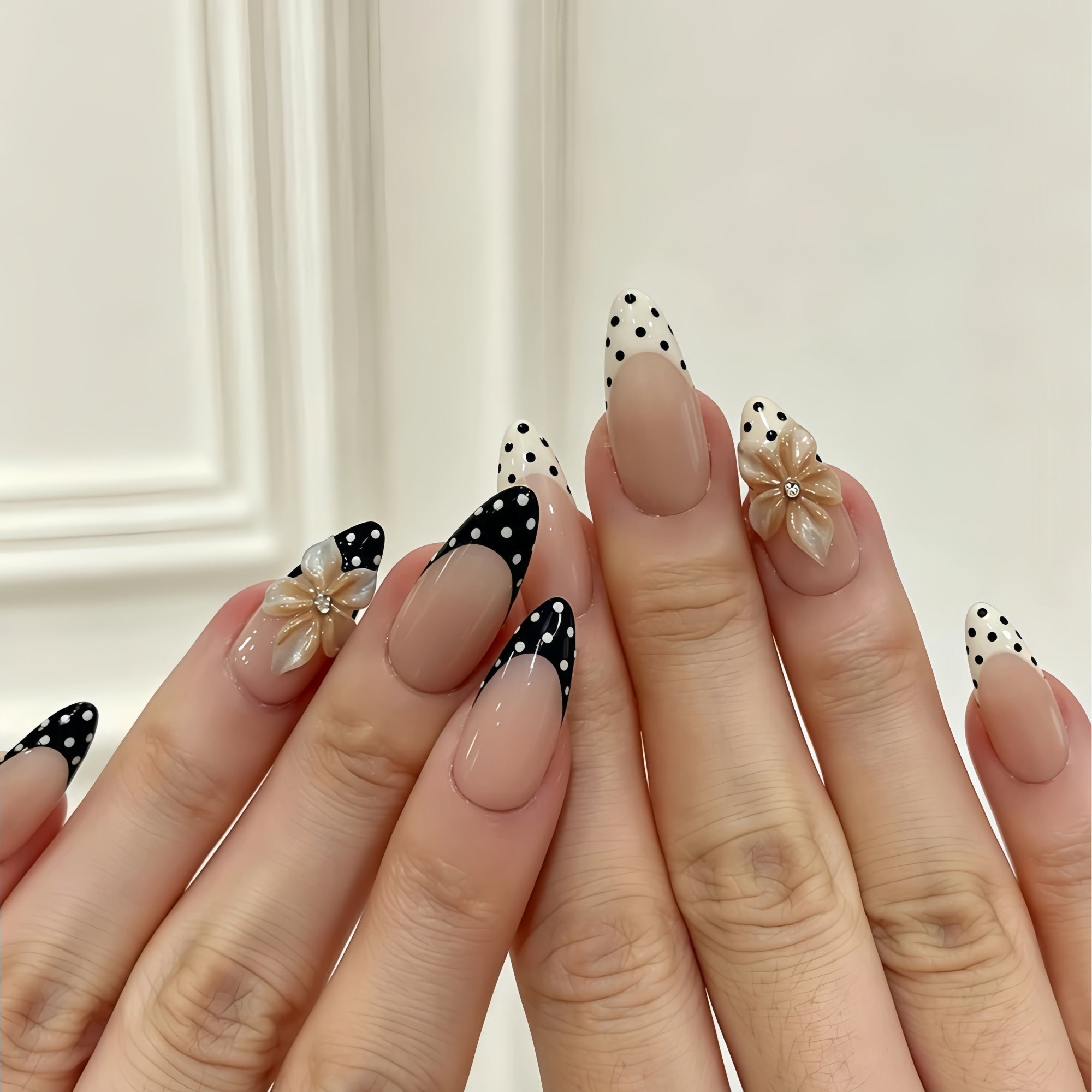 Black & White Polka Dot French Tip 3D Flower Press-On Nails