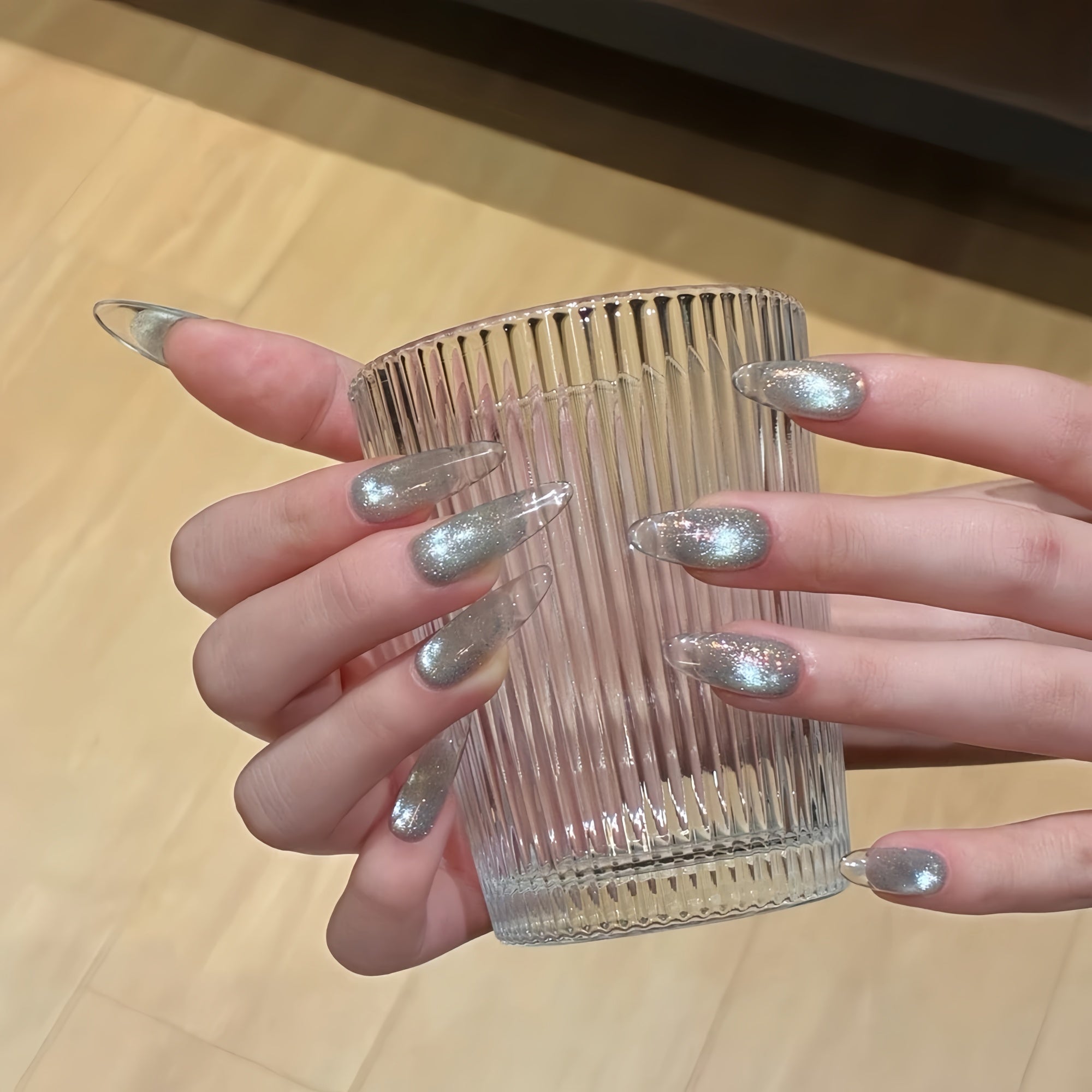 Pre-Order | Green Cat Eye Transparent Tips Almond Press-On Nails