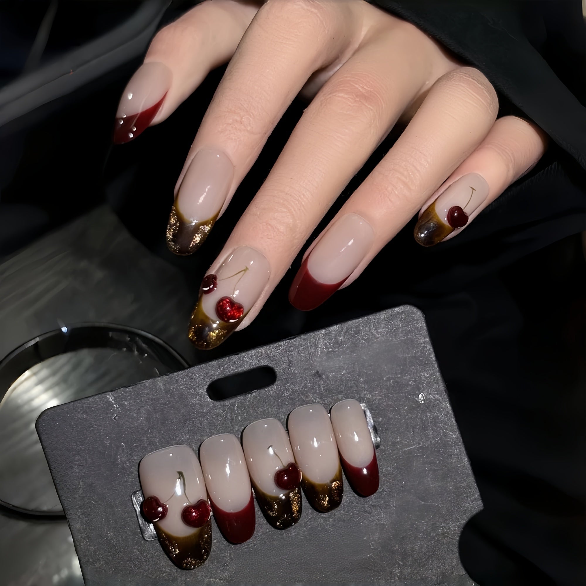 Deep Wine & Brown 3D Cherry French Press-On Nails