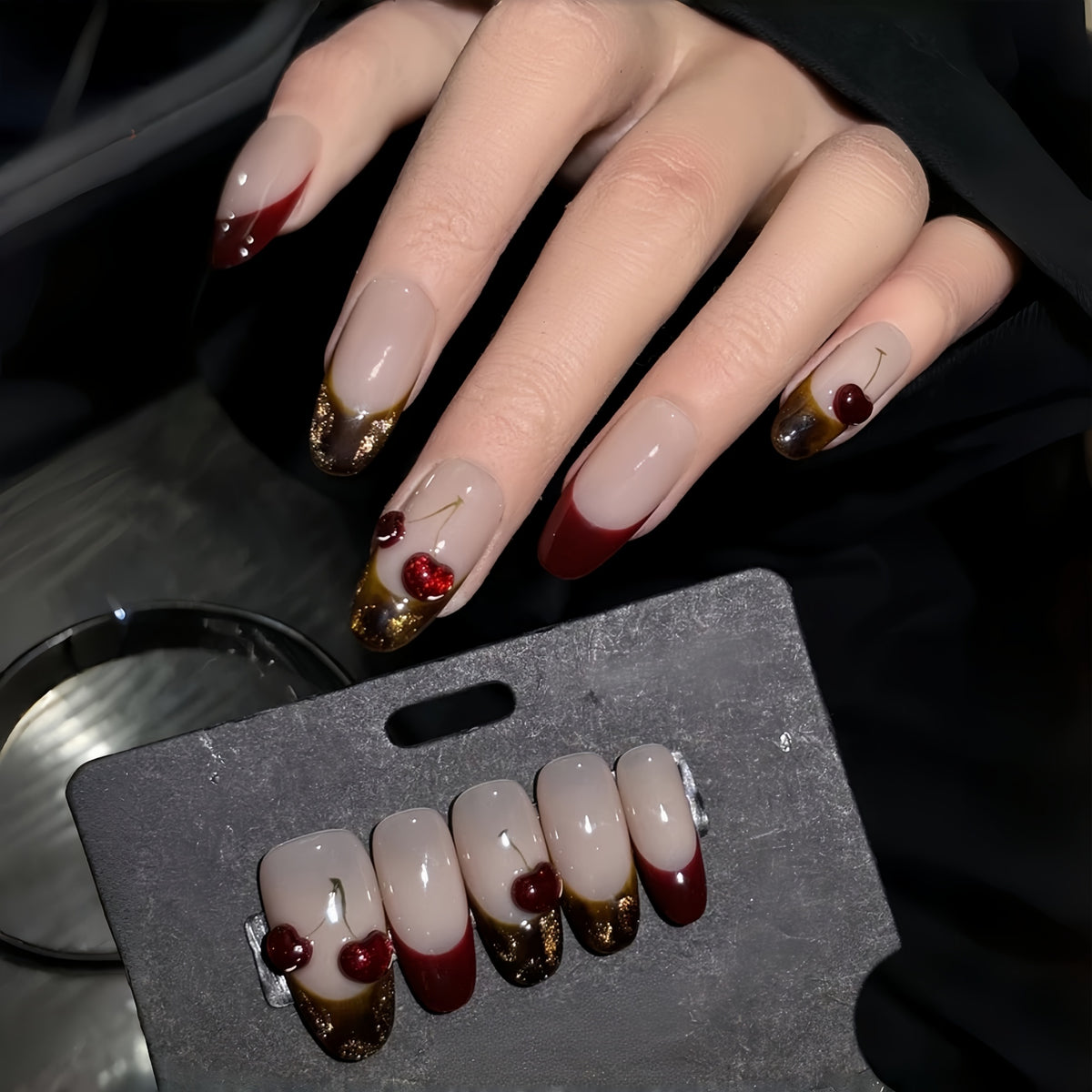 Deep Wine & Brown 3D Cherry French Press-On Nails