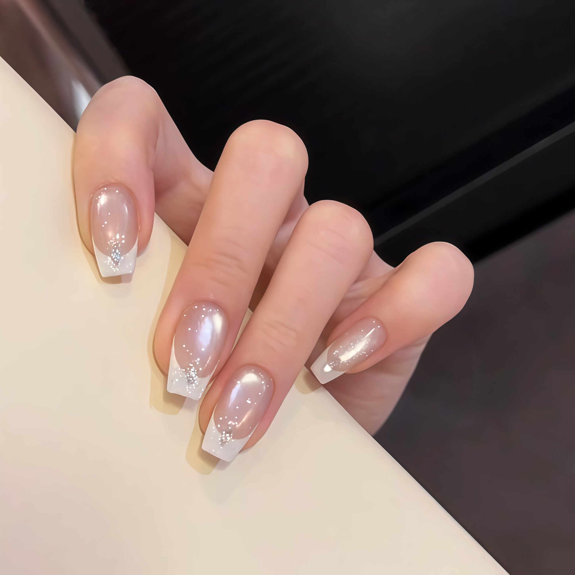 Pre-Order | Icy Nude Pink Cat Eye French Tip with Glitter Press-On Nails