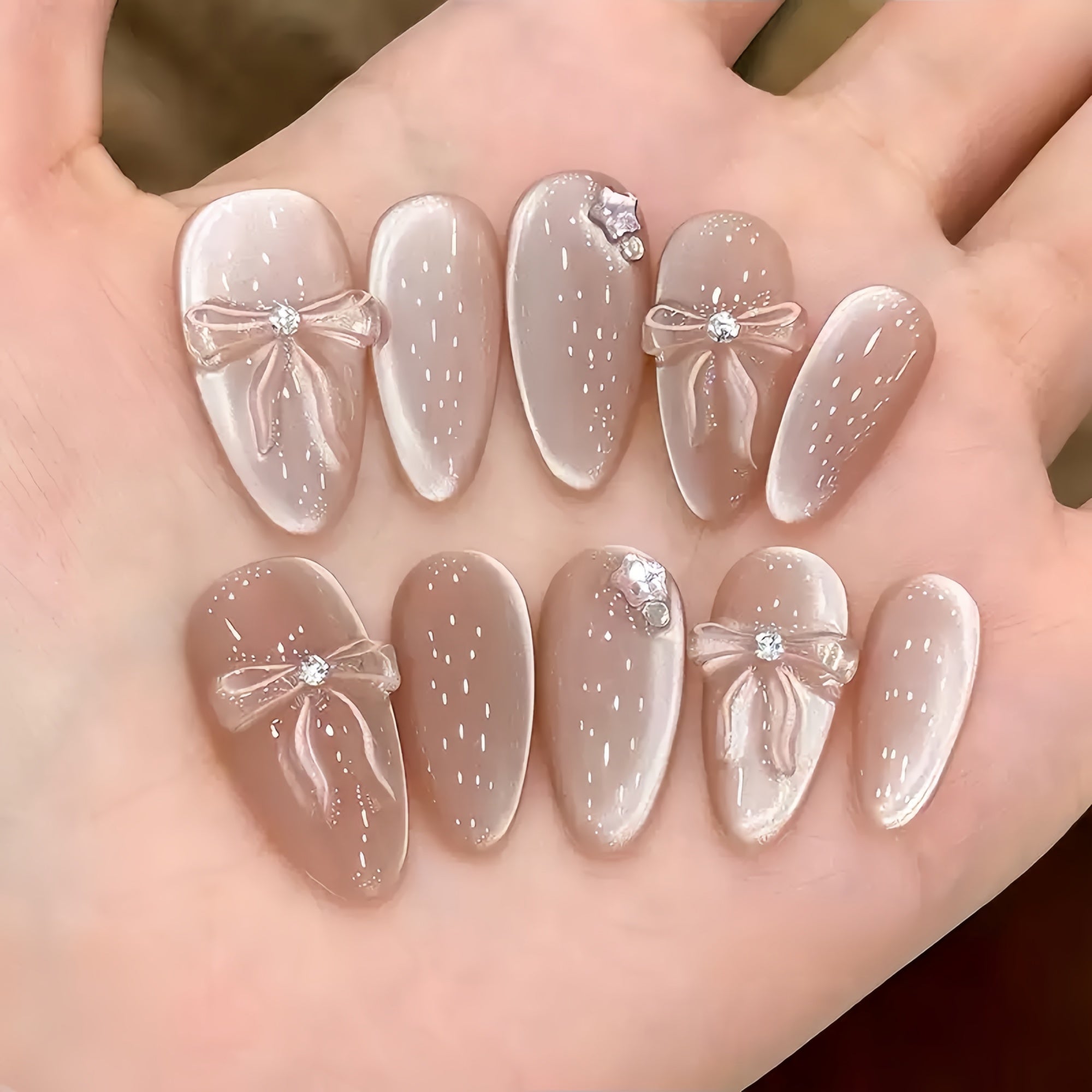 Nude Pink Cat Eye Bow Press-On Nails