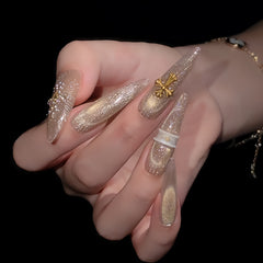 Champagne Gold Cat Eye Glitter Cross Press-On Nails