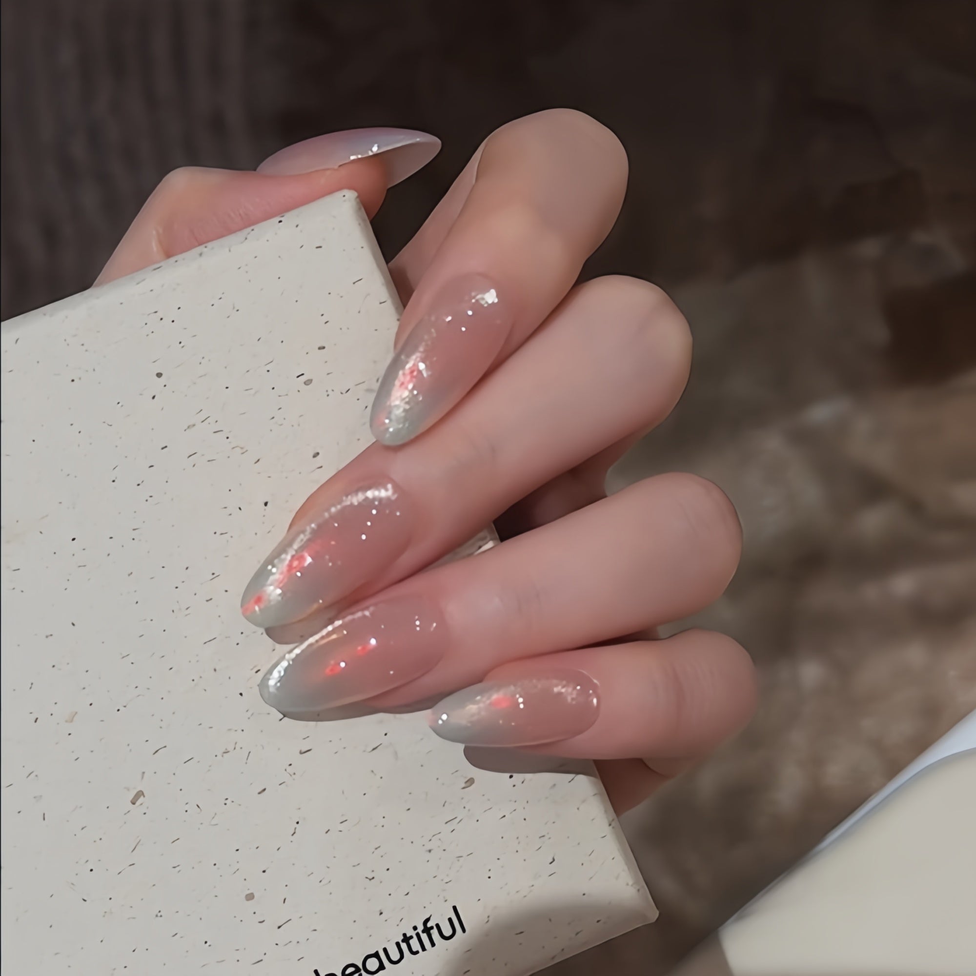 Milky Aurora Cat Eye Almond Press-On Nails
