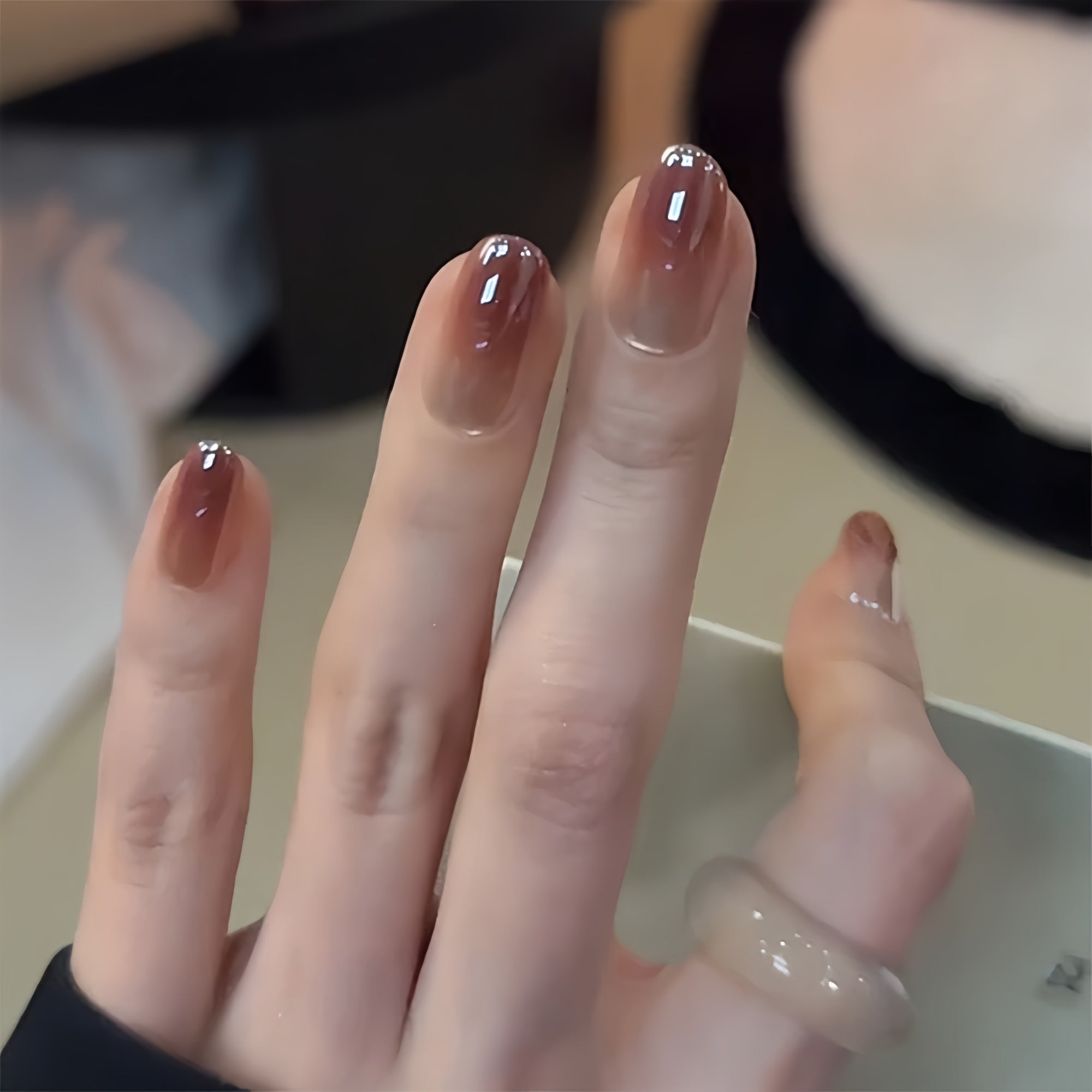 Brown Red Ombre Oval Press-On Nails