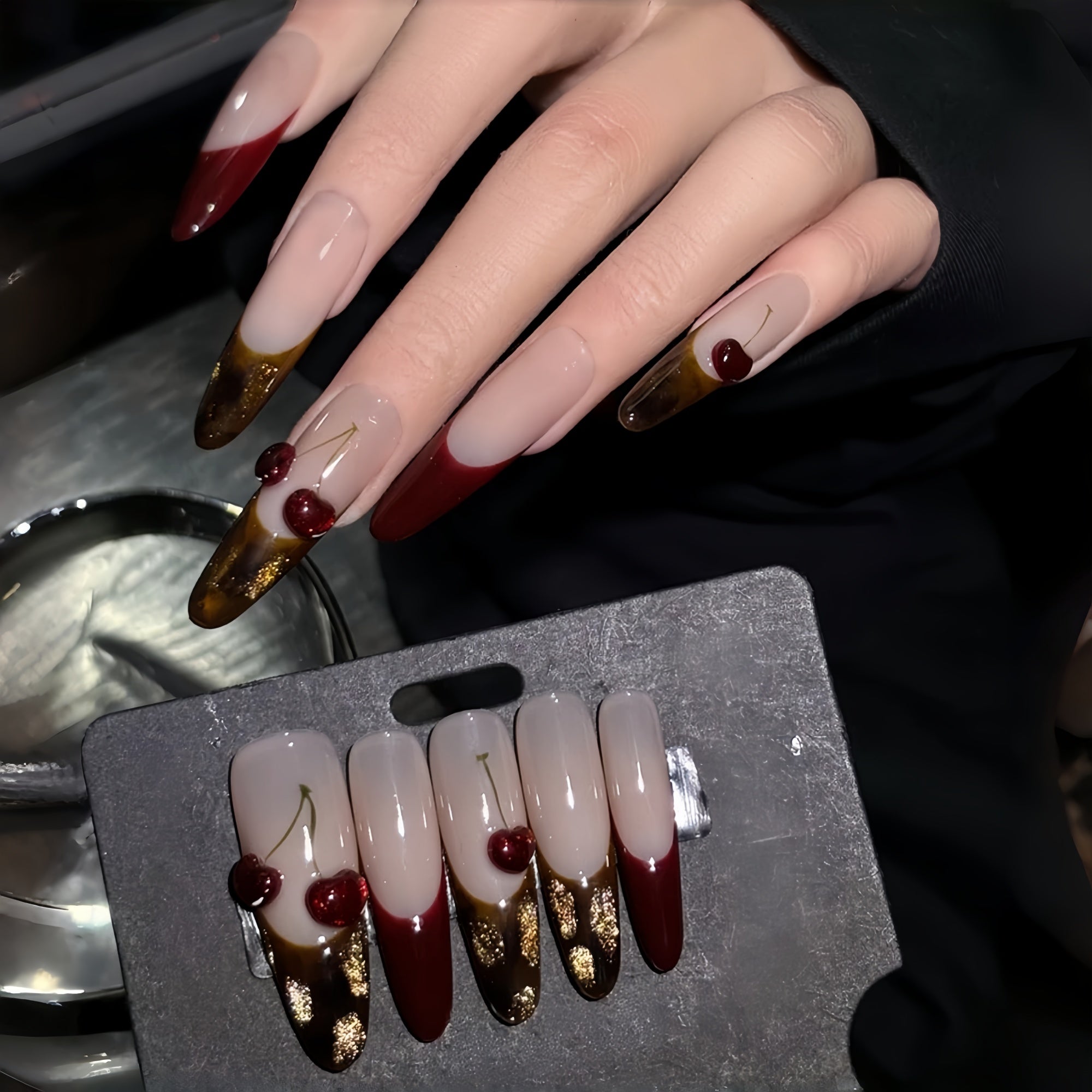 Deep Wine & Brown 3D Cherry French Press-On Nails