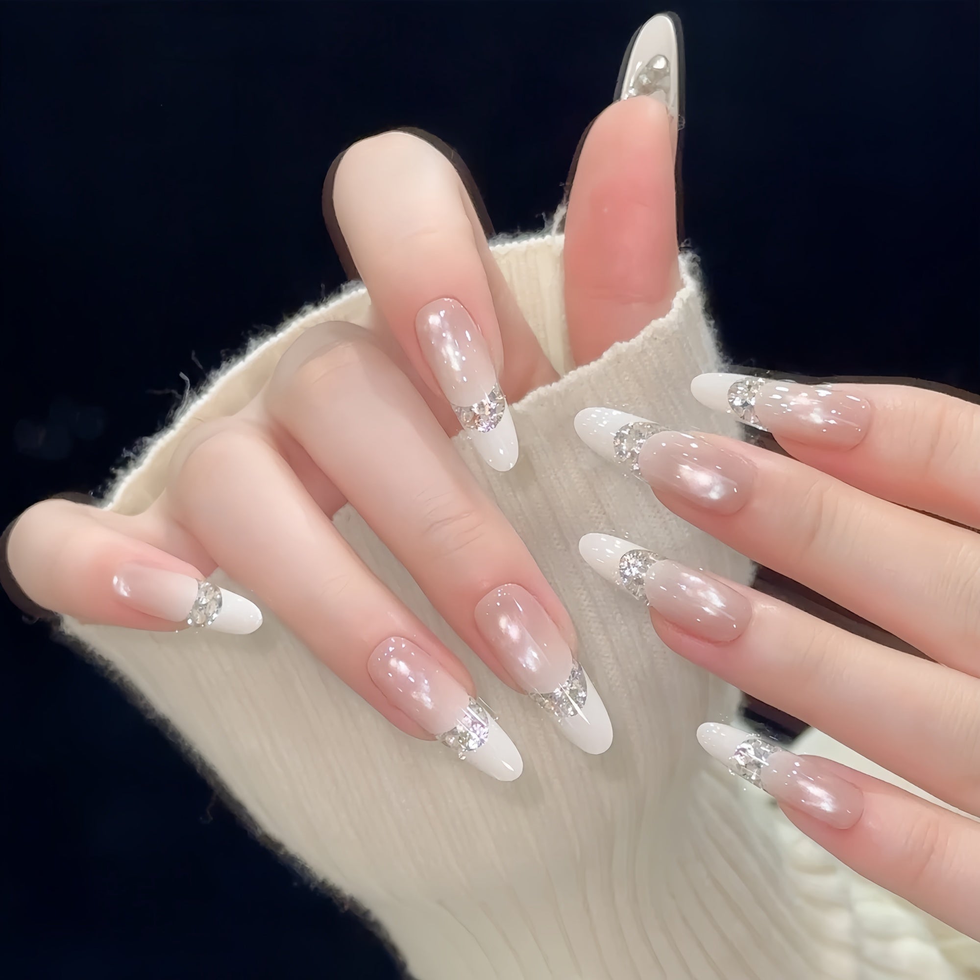 Pink Cat Eye Crystal French Long Press-On Nails